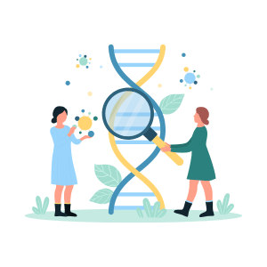 why attend- Illustration of two girls doing medical research with a strand of DNA